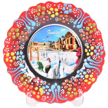 Toptan Pamukkale Temalı Çini Myros Resim Tabak 12 cm - 12