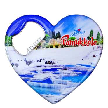 Pamukkale Themed Myros Metal Heart Bottle Opener Refrigerator Magnet 85x76 mm