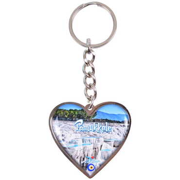 Pamukkale Themed Metal Heart ShapedDouble Face Keychain 45x90 mm