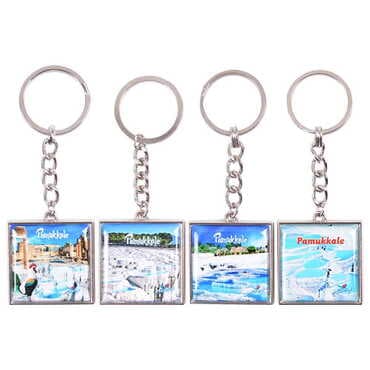 Pamukkale Themed Metal Square Shaped Double Face Keychain 36x95 mm - 2