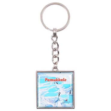 Pamukkale Themed Metal Square Shaped Double Face Keychain 36x95 mm - 4
