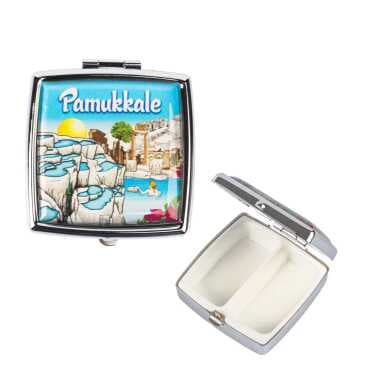 Pamukkale Themed Myros Metal Square Pill Box 54x58x18 mm