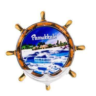 Pamukkale Themed UV Printed Ship Wheel Shaped Refrigerator Magnet 82x82 mm