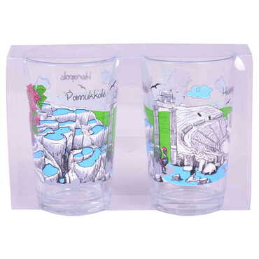 Myros - Pamukkale Themed Custom Printed Turkish Coffee Water Glass of 2 pcs