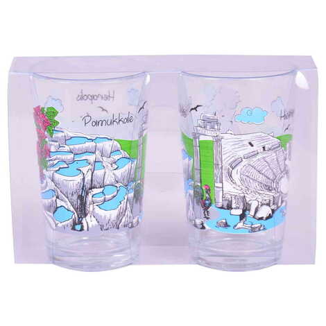 Pamukkale Themed Custom Printed Turkish Coffee Water Glass of 2 pcs