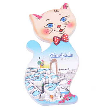 Myros - Pamukkale Themed Customised UV Printed Plastic Base Cat Shaped Fridge Magnet 43x87 mm