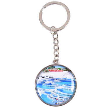 Pamukkale Themed Metal Double Face Round Keychain 40x95 mm - Thumbnail