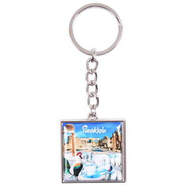 Pamukkale Themed Metal Square Shaped Double Face Keychain 36x95 mm - Thumbnail