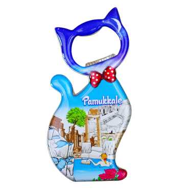 Pamukkale Themed Myros Metal Cat Bottle Opener Refrigerator Magnet 97x48 mm - Myros