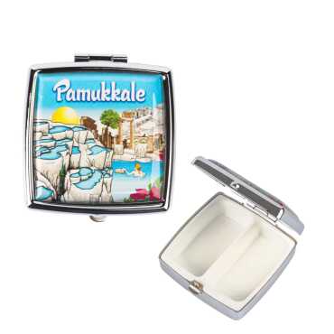 Pamukkale Themed Myros Metal Square Pill Box 54x58x18 mm - Myros
