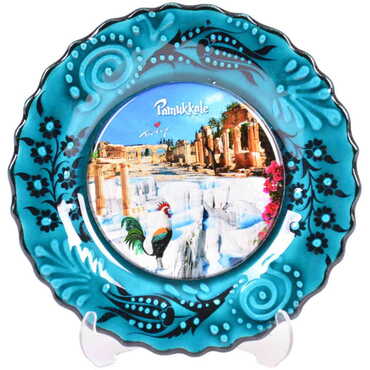 Pamukkale Themed Turkish Ceramic Plate With Epoxy 12 Cm - Thumbnail