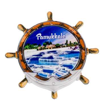 Pamukkale Themed UV Printed Ship Wheel Shaped Refrigerator Magnet 82x82 mm - 2