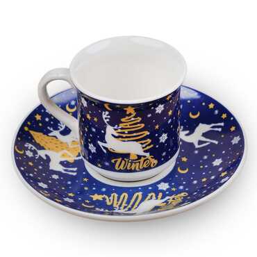 Toptan Porselen İkili Lacivert Geyikli Winter Kahve Fincanı - 3