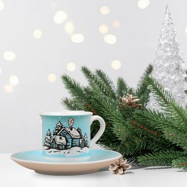 Toptan Porselen İkili Turkuaz Kutup Ayılı Kahve Fincanı - 2