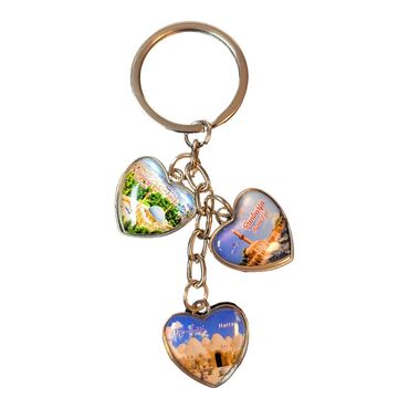 Sanliurfa Themed Metal Keychain With 3 Charms - Heart 40x85 mm - Thumbnail