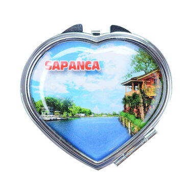 Sapanca Themed Customised Metal Epoxy Travel Make Up Compact Heart Shaped Mirror 70x65x8 mm - Thumbnail