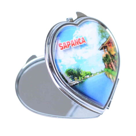 Sapanca Themed Customised Metal Epoxy Travel Make Up Compact Heart Shaped Mirror 70x65x8 mm