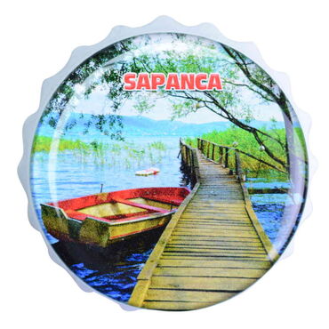 Sapanca Themed Round Cap Shaped Magnetic Bottle Opener 63x15 mm - Thumbnail