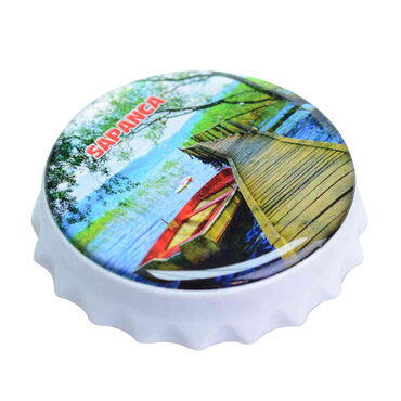 Sapanca Themed Round Cap Shaped Magnetic Bottle Opener 63x15 mm - Thumbnail