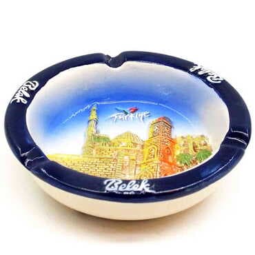 Belek Themed Round Shaped Ceramic Blue Ashtray
