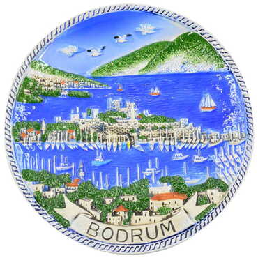 Bodrum Themed Blue Ceramic Plate 10 Cm
