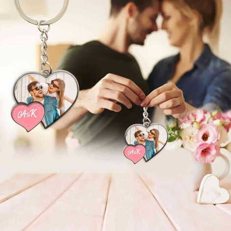 Sweetheart Themed Metal Double Heart Shaped Keychain 40x94 mm - 1