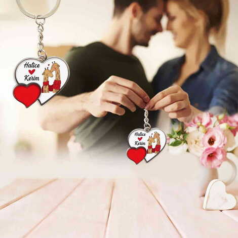 Sweetheart Themed Metal Double Heart Shaped Keychain 40x94 mm - 8