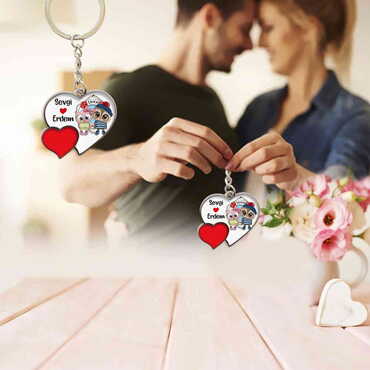 Sweetheart Themed Metal Double Heart Shaped Keychain 40x94 mm