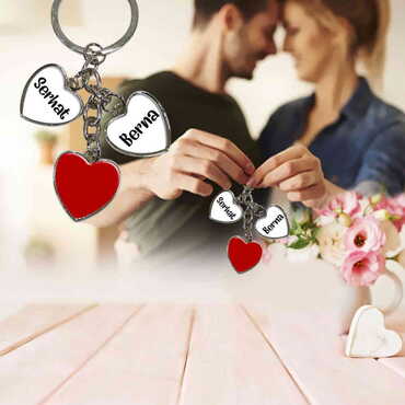Sweetheart Themed Metal Keychain With 3 Charms - Heart 40x85 mm - Myros