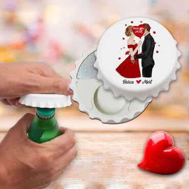 Sweetheart Themed Customised UV Printed Bottle Cap Shaped Plastic Base Bottle Opener 58x15 mm