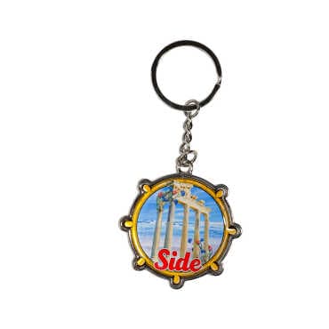 Side Themed Wheel Shaped Metal Keychain