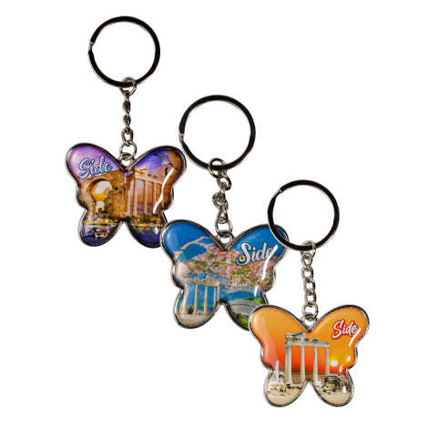 Side Themed Butterfly Shaped Metal Keychain - 2