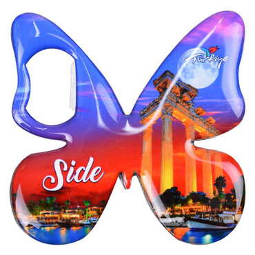 Side Themed Butterfly Shaped Metal Magnetic Bottle Opener 70x70 mm - Thumbnail