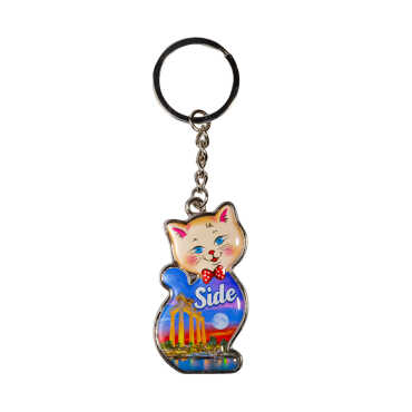 Side Themed Cat Shaped Metal Keychain - 1