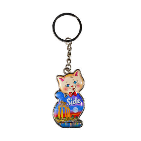 Side Themed Cat Shaped Metal Keychain - 1