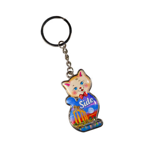 Side Themed Cat Shaped Metal Keychain - 8