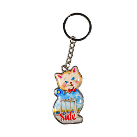 Side Themed Cat Shaped Metal Keychain - 3