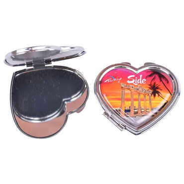 Side Themed Customised Metal Epoxy Travel Make Up Compact Heart Shaped Mirror 70x65x8 mm - Thumbnail