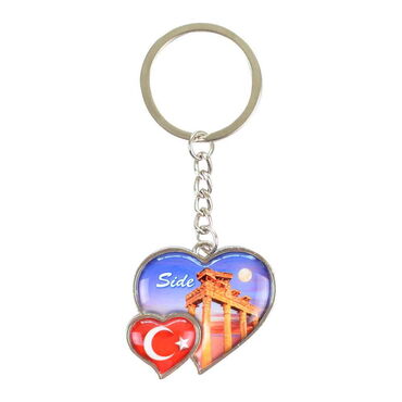 Side Themed Metal Double Heart Shaped Keychain 40x94 mm - Thumbnail