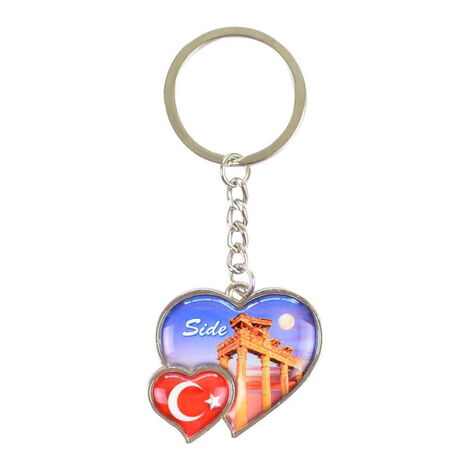 Side Themed Metal Double Heart Shaped Keychain 40x94 mm