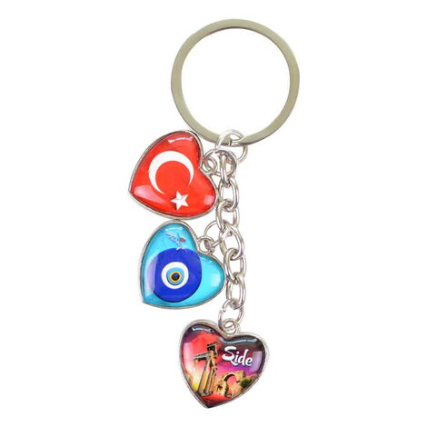 Side Themed Metal Keychain With 3 Charms - Heart 40x85 mm - 1
