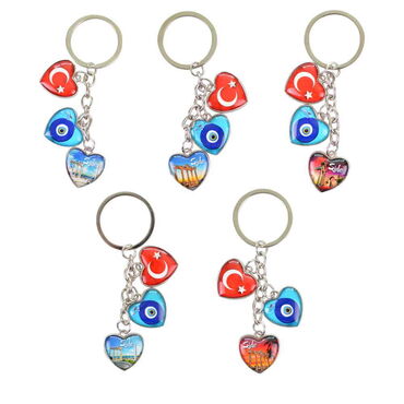Side Themed Metal Keychain With 3 Charms - Heart 40x85 mm - 2