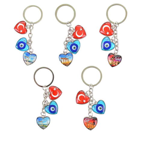 Side Themed Metal Keychain With 3 Charms - Heart 40x85 mm - 2