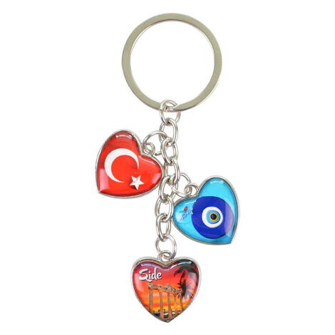 Side Themed Metal Keychain With 3 Charms - Heart 40x85 mm - 3