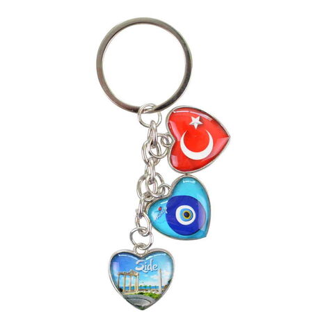 Side Themed Metal Keychain With 3 Charms - Heart 40x85 mm - 4