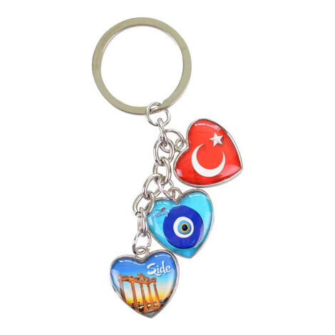Side Themed Metal Keychain With 3 Charms - Heart 40x85 mm - 6