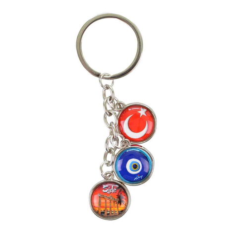 Side Themed Metal Keychain With 3 Charms - Mixed 40x90 mm