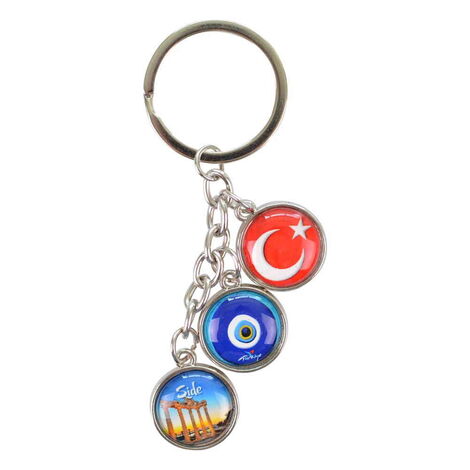 Side Themed Metal Keychain With 3 Charms - Mixed 40x90 mm - 4