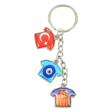 Side Themed Metal Keychain With 3 Charms - T-Shirt 40x95 mm - Thumbnail