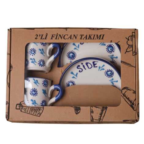 Side Themed Traditional Evil Eye Embossed Turkish Coffee Set for Two - 1